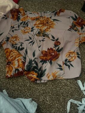 Charlotte Russe Mauve Floral Puff-Sleeve Crop Top with Mustard Blooms